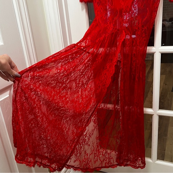 Red Lace Evening Gown W Bodycon Bodysuit Deep V- Front Slit Trumpet Sexy Dress - Picture 4 of 15